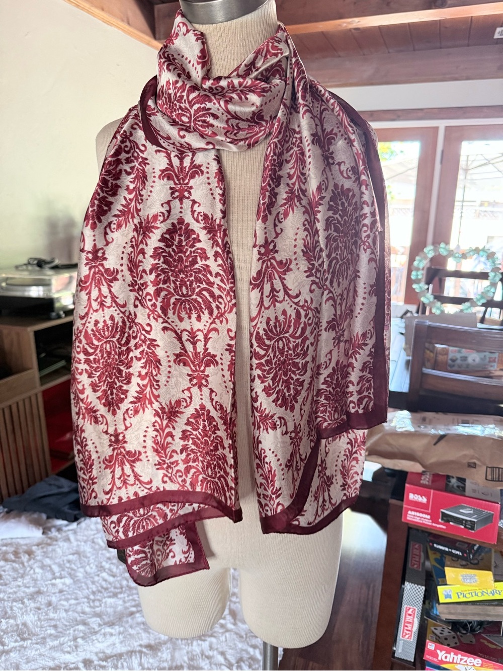 Red and Cream Damask Scarf Silk Feel